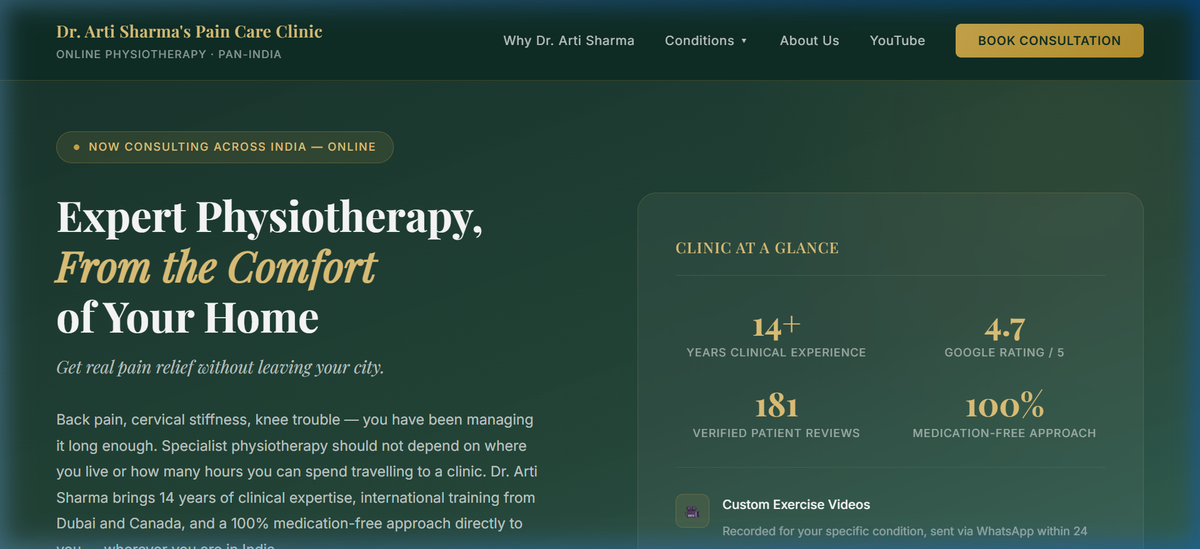 Dr. Arti Sharma's Pain Care Clinic live interface preview